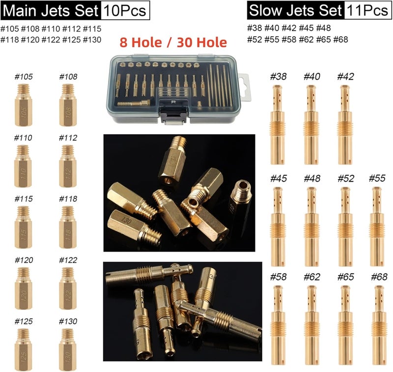 Windance 30pcs Carburetor Main Slow Jet Injection Nozzle Emulsion Tube Nozzle Holder Kit Fit for CVK PWK PWM/PE 26/28, Brass Nozzles Modified Kit (8 Hole) - Image 3